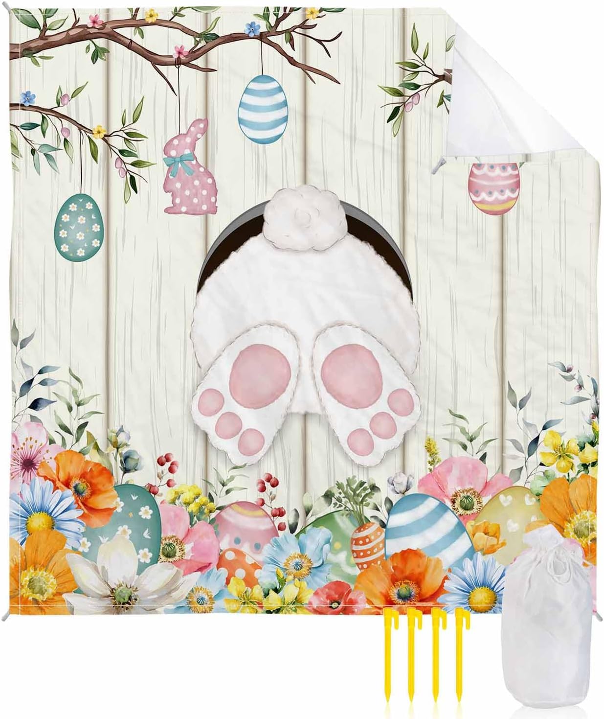 Beach Blanket Waterproof Sandproof, Spring Easter Bunny Eggs Quick Drying Beach Mat with 4 Stakes, Farm Blue Pink Floral Lightweight Picnic Blanket for Travel Camping Outdoor 118"x108"