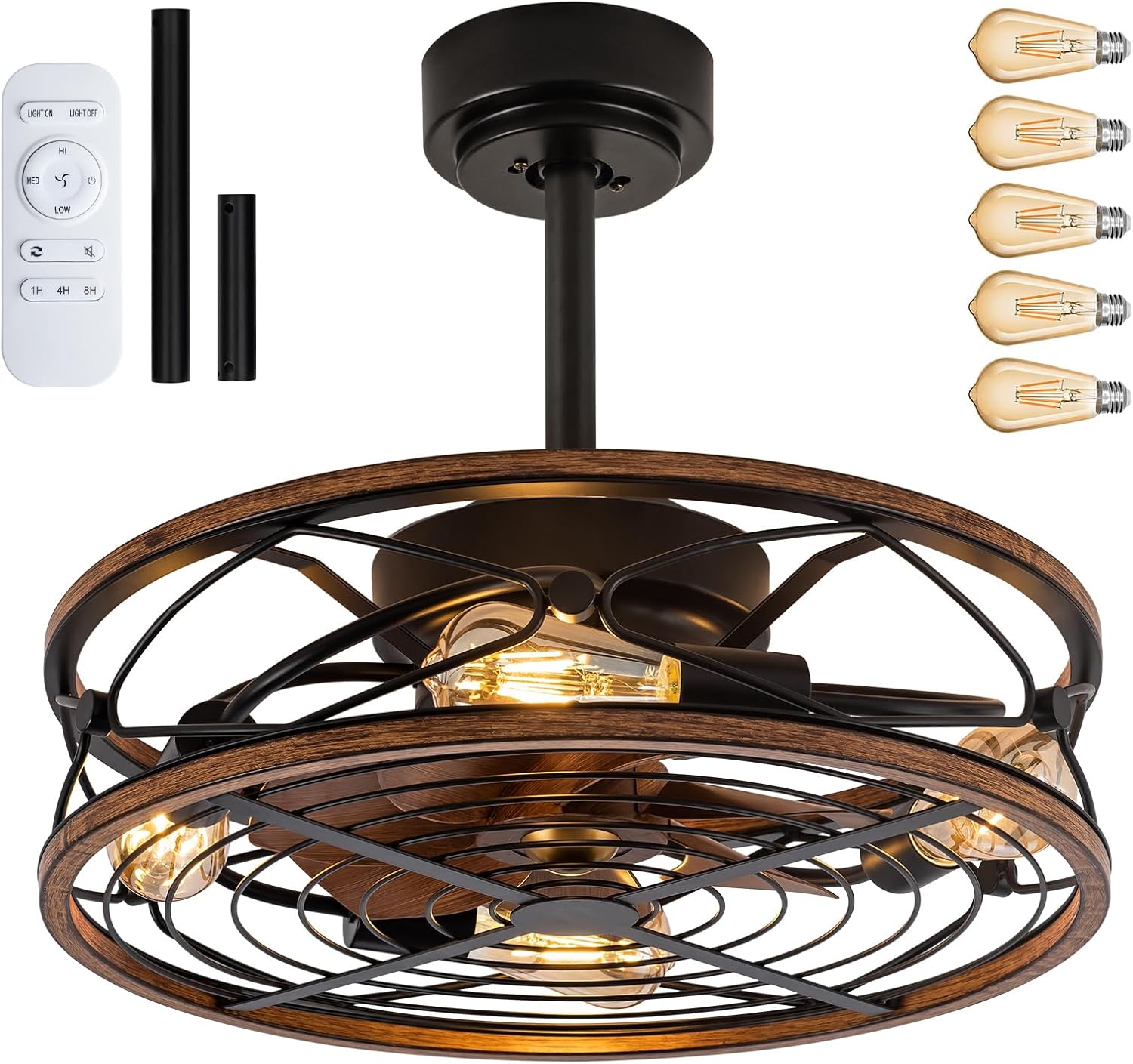 TIFEROR Caged Ceiling Fan With Light, 20 in Bladeless Remote Control, 3 Speeds Low Profile Modern Enclosed Fans Reversible Motor, Black