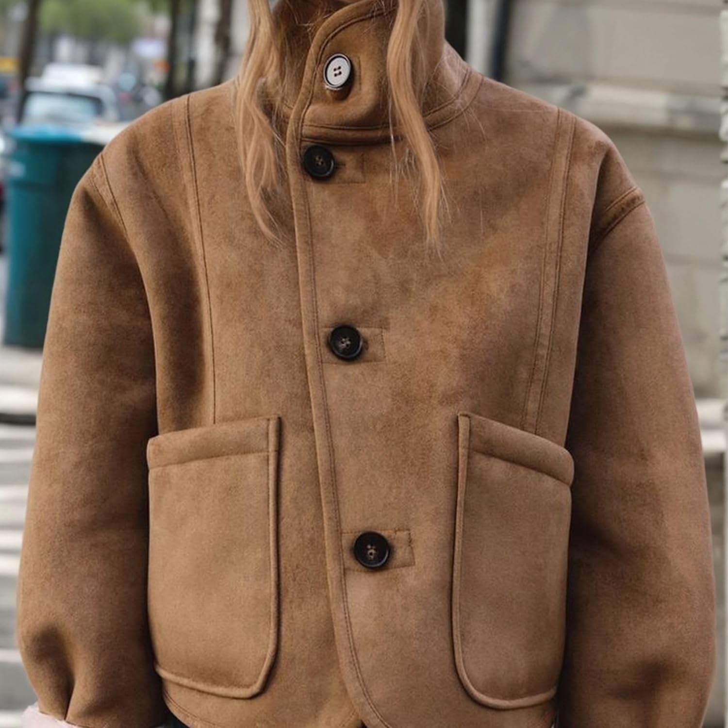 Chevara Women’s Reversible Double-Faced Jacket Stand Collar Long Sleeve Button Down Faux Suede Jacket Coat - Image 6