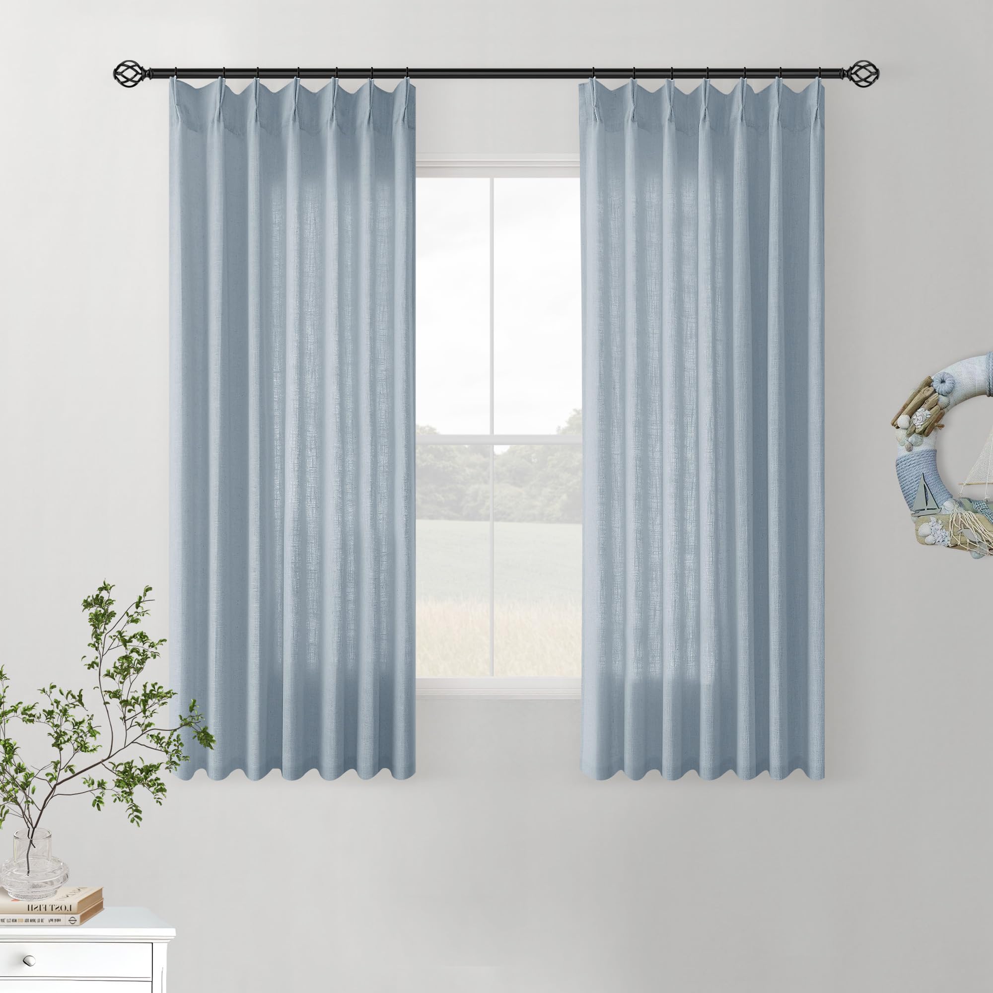 Dusty Blue Pinch Pleated Linen Semi Sheer Curtains 45 Inch Length 2 Panels