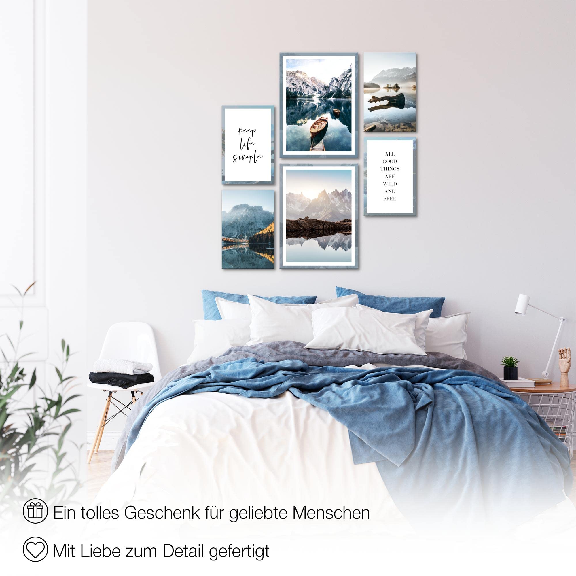 Novart Wandbilder Set Berge und See Natur - KEIN EXTRA RAHMEN BENÖTIGT - Modern Deko - Wohnzimmer Schlafzimmer N003663b