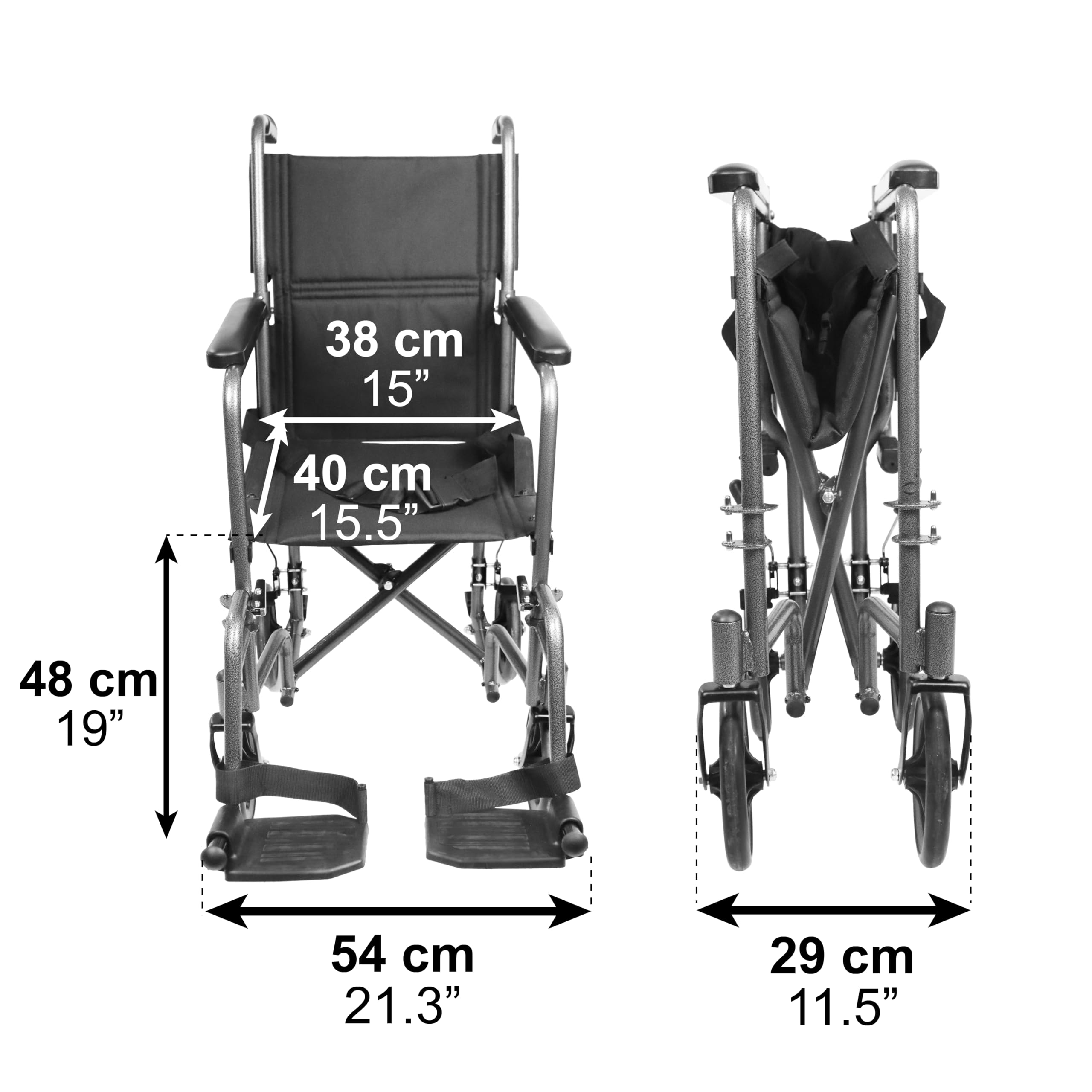 PEPE Mobility Rollstuhl Faltbar Leicht Schmal (38 cm Sitz), Transportrollstuhl für die Wohnung und Schmale Türen, Klappbarer Reiserollstuhl aus Stahl mit Sicherheitsgurt, Schwarz