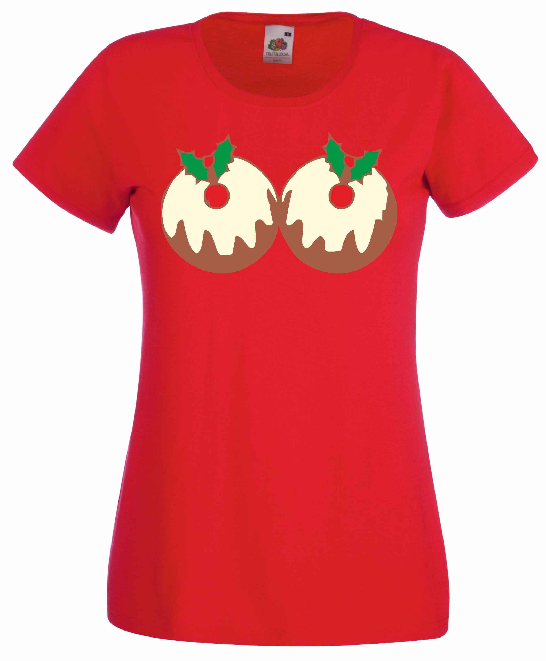 Reality Glitch Women's Christmas Pudding Breasts T-Shirt Red