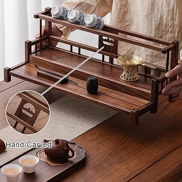 Solid Wood Chinese Tea Cup Holder, Tea Set Storage Rack, Desktop Decoration Teaware Storage Shelf For Living Room Kitchen Office,No Assembly Required(C-50x16x27.5cm)