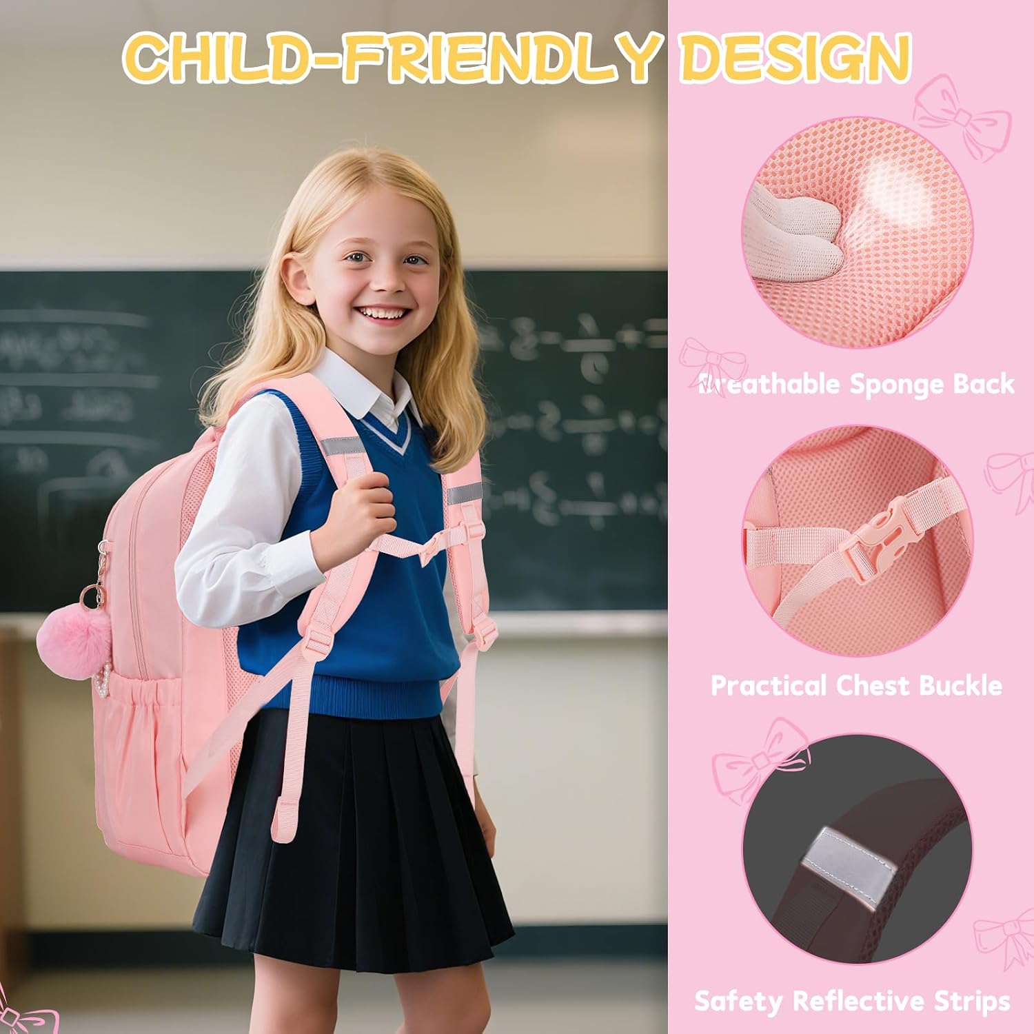 Girls Backpack, School Backpack for Girls, Cute Bow Kids Bookbag for Grils Children Teens for Elementary Middle High School Student, Pink