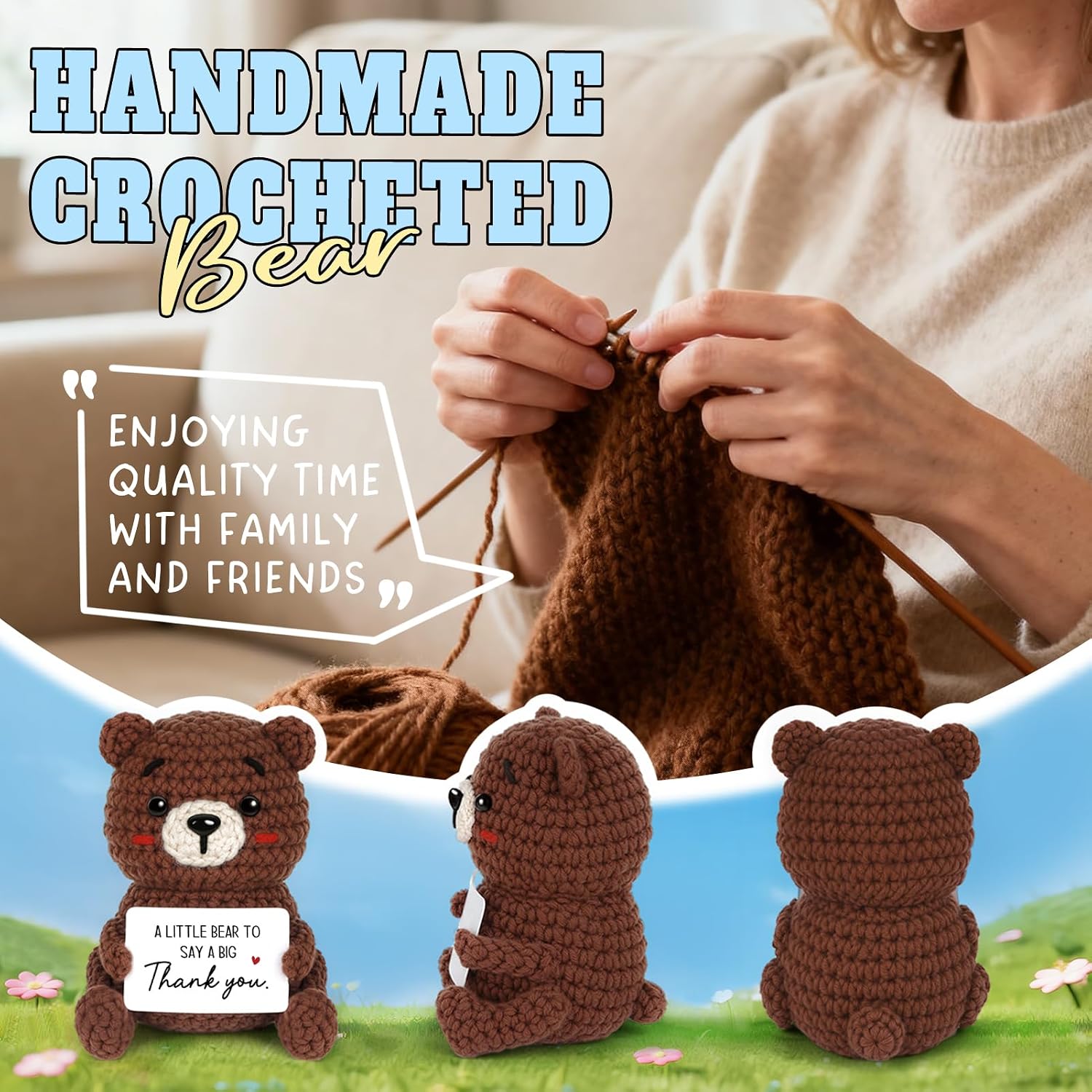 Thank You Gifts for Women Men, Handmade Positive Crochet Bear Decor, Appreciation Gifts for Teacher Coworker Employee Nurse Friend Social Worker, Christmas Mothers Day Present