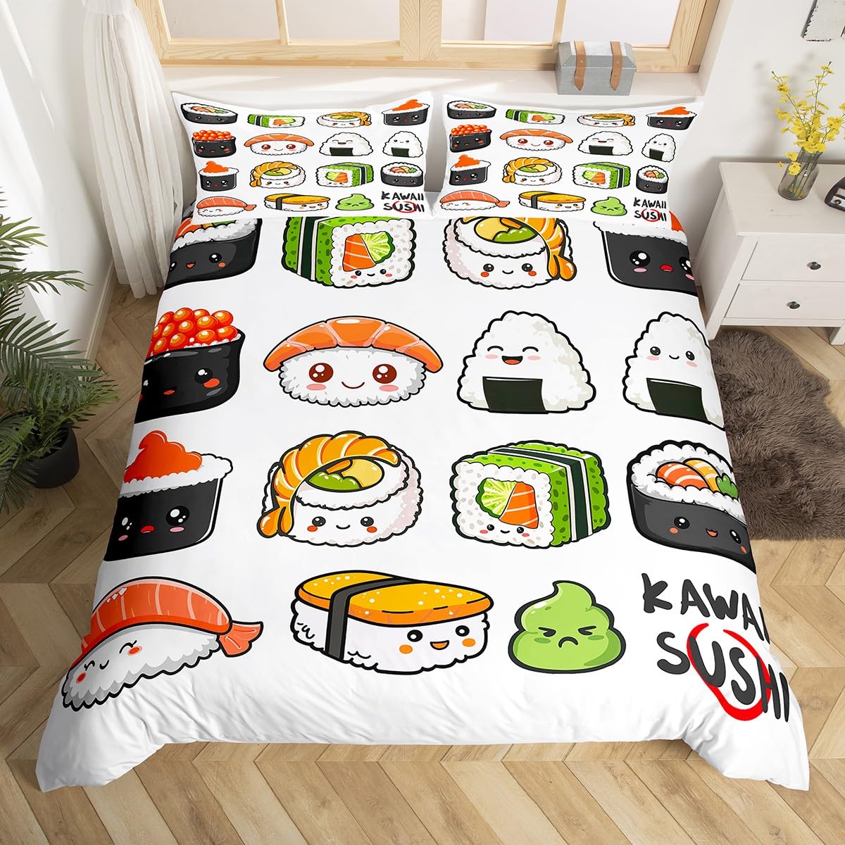 Homewish Sushi Pattern Bedding Set Double Japanese Style Duvet Cover Food Theme Comforter Cover Set For Kids Boys Girls Teens Cute Cartoon Japanese Sushi Bedding Room Decotive