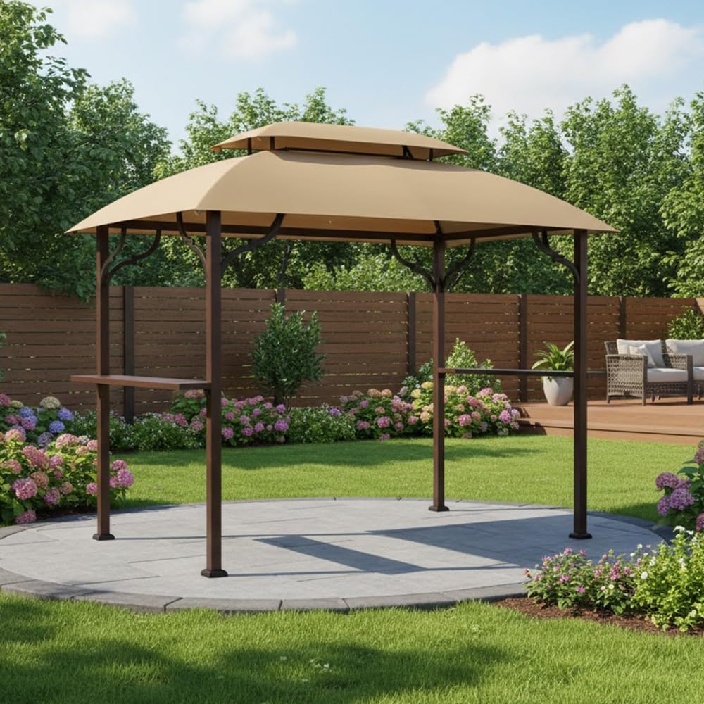 Garden Winds Reinforced RipLock 350 Replacement Canopy Top Cover Compatible with Greenvail 8’ x 5’ Grill Gazebo Models A103001900 and A103001911 - Beige