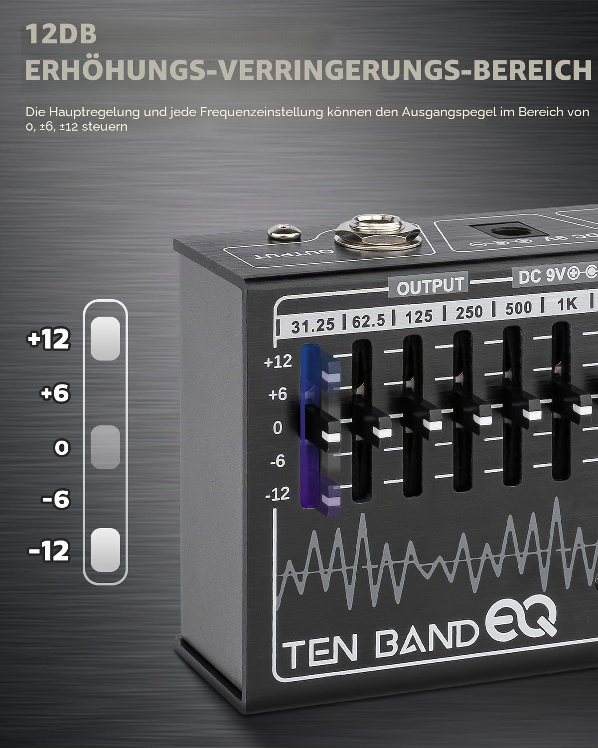 STRICH EQ Pedal für E-Gitarre, 10-Band Equalizer Effektpedal, Equalizer für Gitarre und Bass, 10 Frequenzbänder (31,25 Hz–16 kHz) mit ±12 dB Verstärkung/Absenkung pro Band, TEN BAND EQ