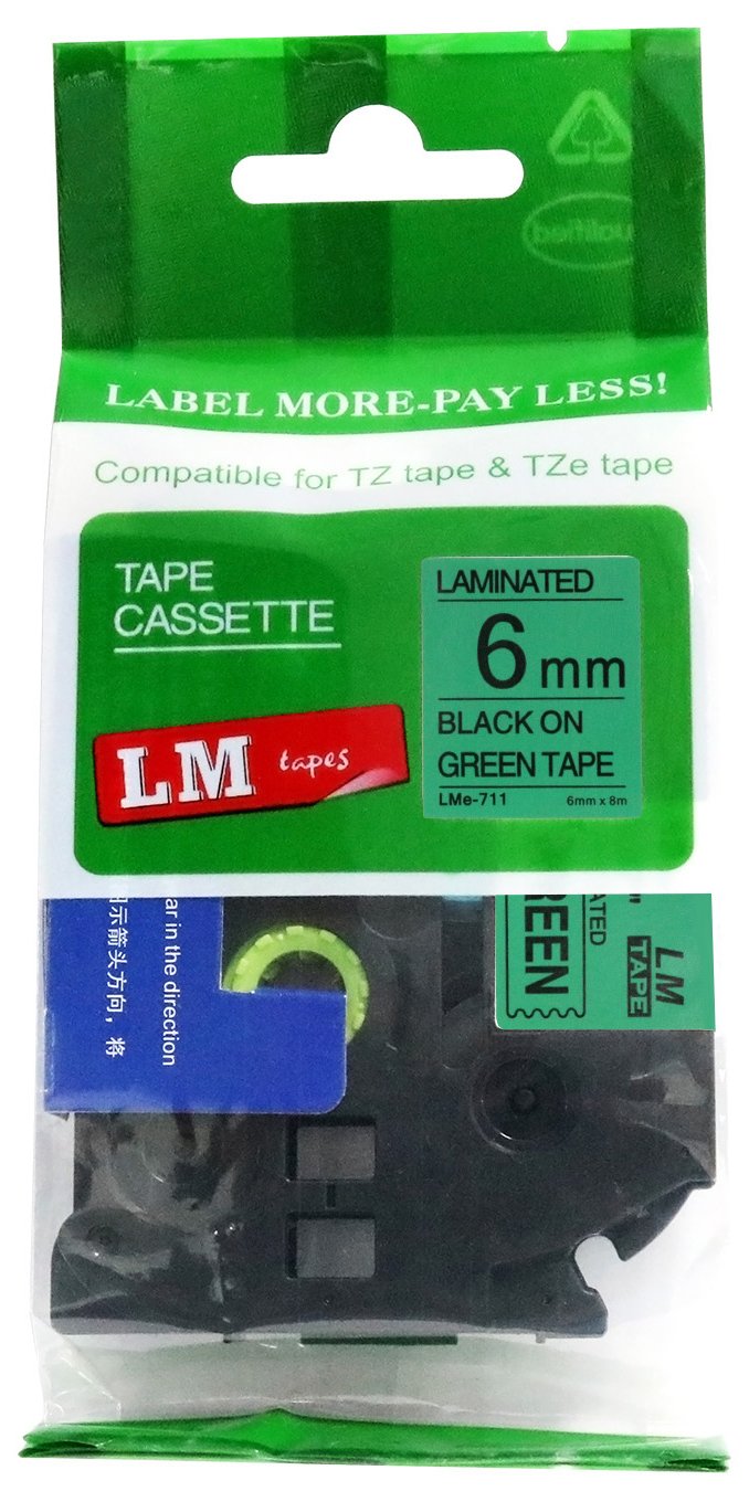 LM Tapes - Brother PT-1170S Label Printer 6mm Black on Green Compatible TZe P-Touch Tape (1/4" 0.23 Laminated) for Brother Model PT1170S Label Maker