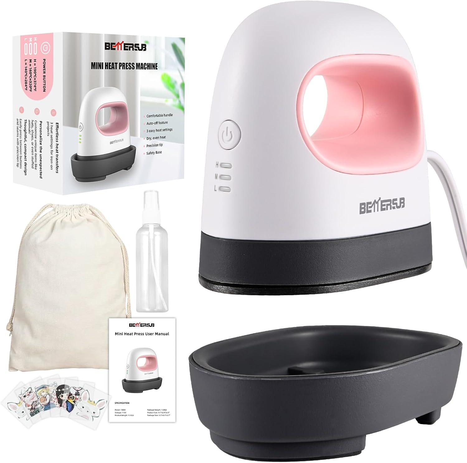 BetterSub Mini Heat Press Machine, Small Heat Press Portable Iron Press Machine, Sublimation and HTV Vinyl Shirt Press Machine for Hat, Bags, Heating Transfer Small Projects (Pink)