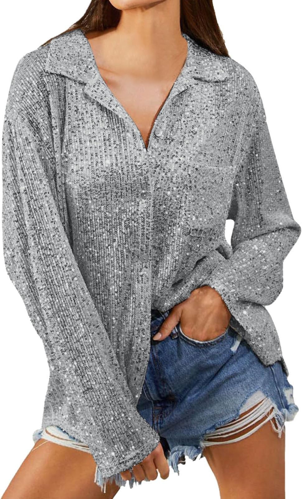 Sequin Shirt Long Sleeve V-Neck Button Down Shirt Blouse Women's Shiny Blouse Long Sleeve Casual Tops Tunic Tops Women's Glitter Party Festive Outfit
