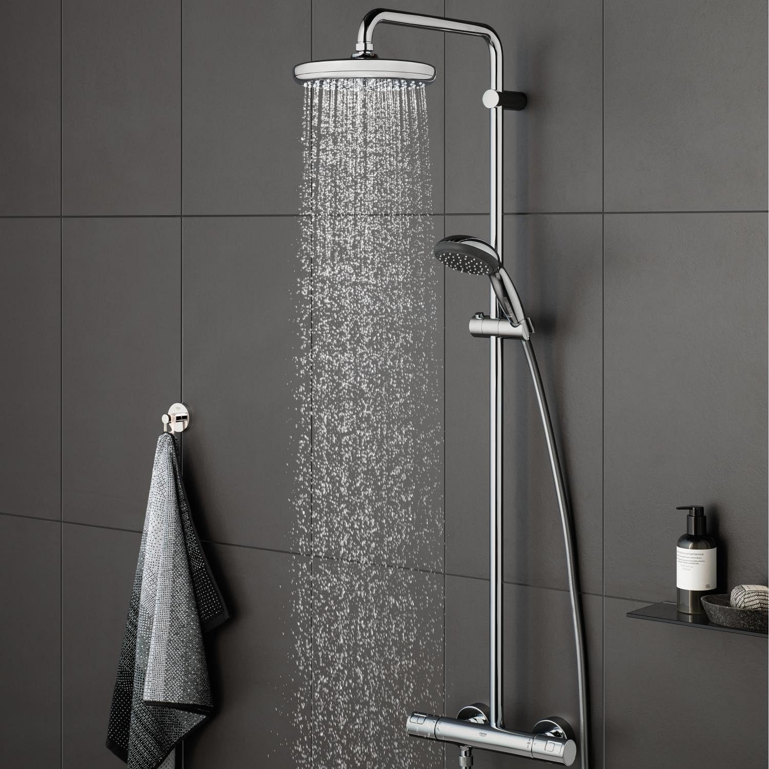 Grohe Vitalio Start System 210, Sistema de Ducha con Mezclador Termostático para Montaje Mural, Cromo, 27960001