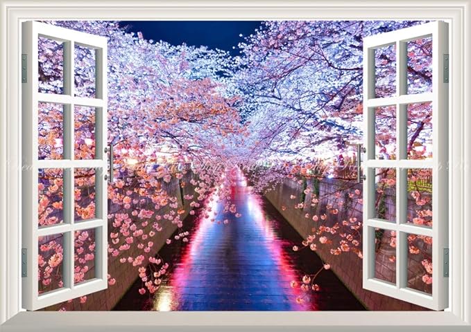 Amazon Co Jp 絵画風 壁紙ポスター はがせるシール式 窓の景色 地球の撮り方 輝く川面 東京都目黒川の夜桜ライトアップ さくら 桜 日本の絶景 窓仕様 トリックアート キャラクロ C Zjp 007ma1 A1版 0mm 585mm 建築用壁紙 耐候性塗料 日本製