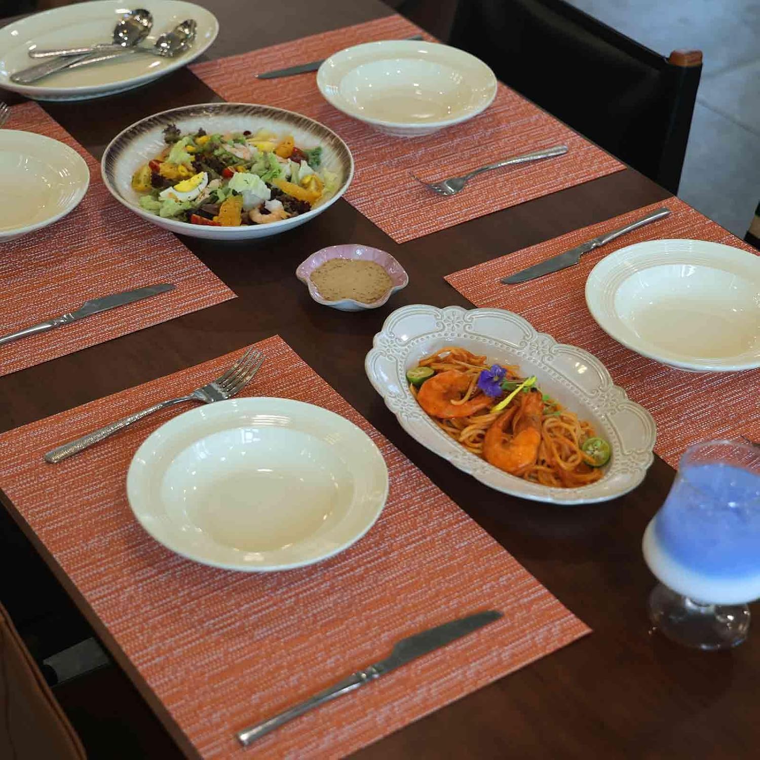 AHHFSMEI Placemats Set of 6 Washable Woven Vinyl Placemats for Dining Table Heat Resistant Non-Slip Stain Resistant Table Mats for Kitchen & Home Decor(Multi Orange,6) image 5