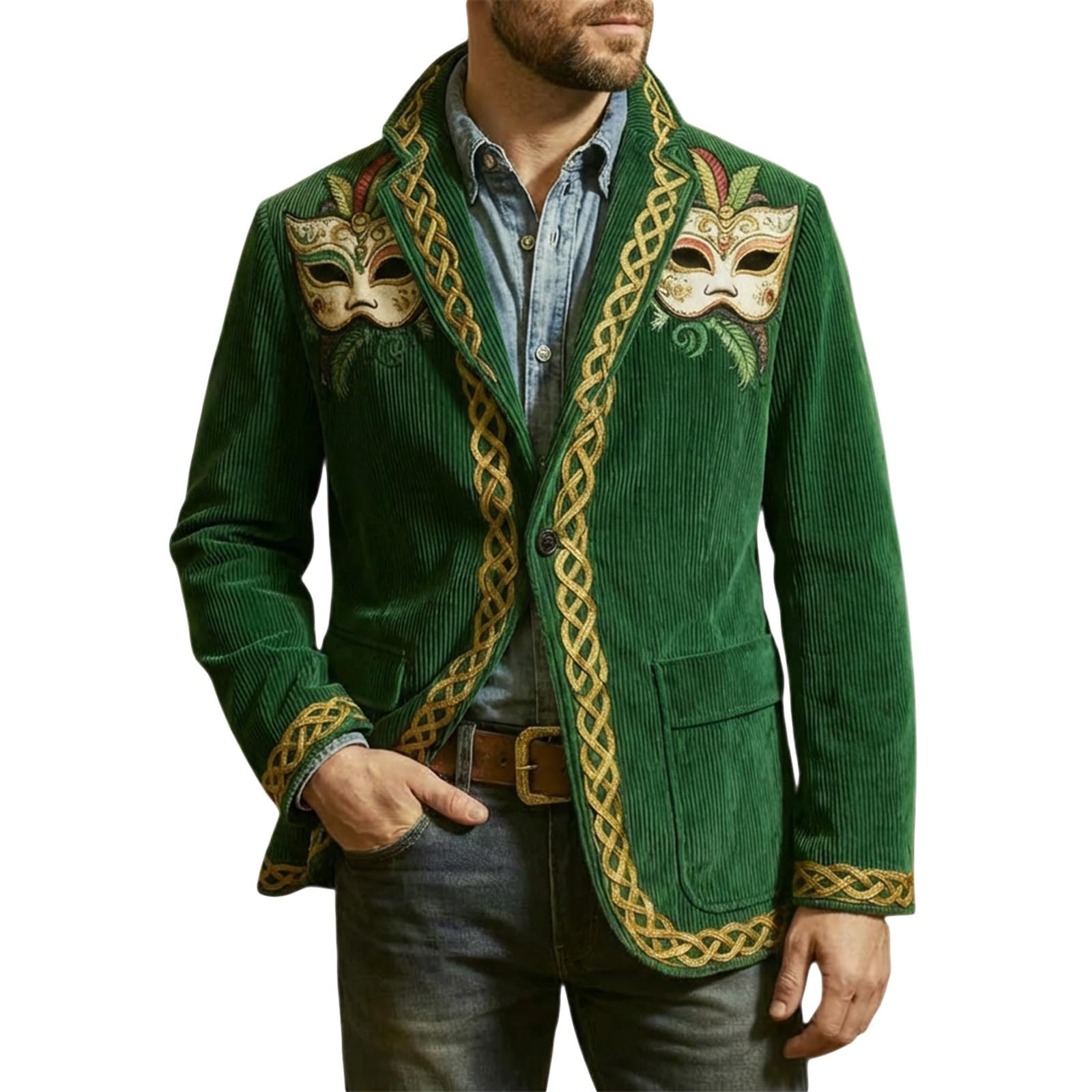 Mardi Gras Jacket Mens Holiday Blazer Outfits Plus Size Suit Sequin Top Accessories Costume Corduroy Cardigan Apparel, Z-08-Green, S — image 1