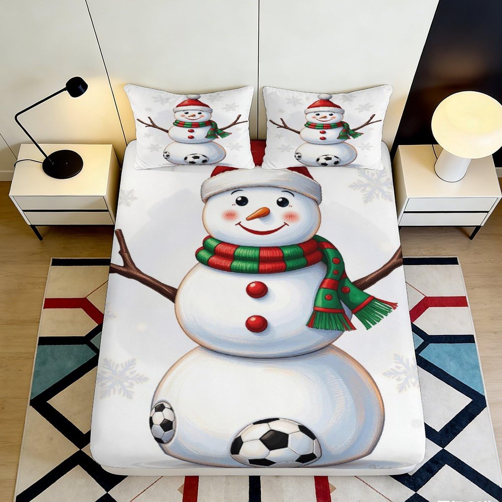 3D Printed Snowman Soccer Fitted Sheet Microfiber Soft Breathable Christmas Bed Cover for Bedroom Guest Room Decor 120x200x25cm