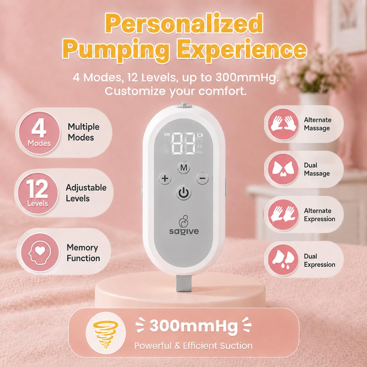 Tire-Lait Wearable Handsfree 4 Modes 12 Niveaux 300mmHg Gris | Tire-Lait Double 80g, Rechargeable, Confortable Silencieux Portable, Joint Anti-Fuite, Téton 21/24mm, Fonction Mémoire