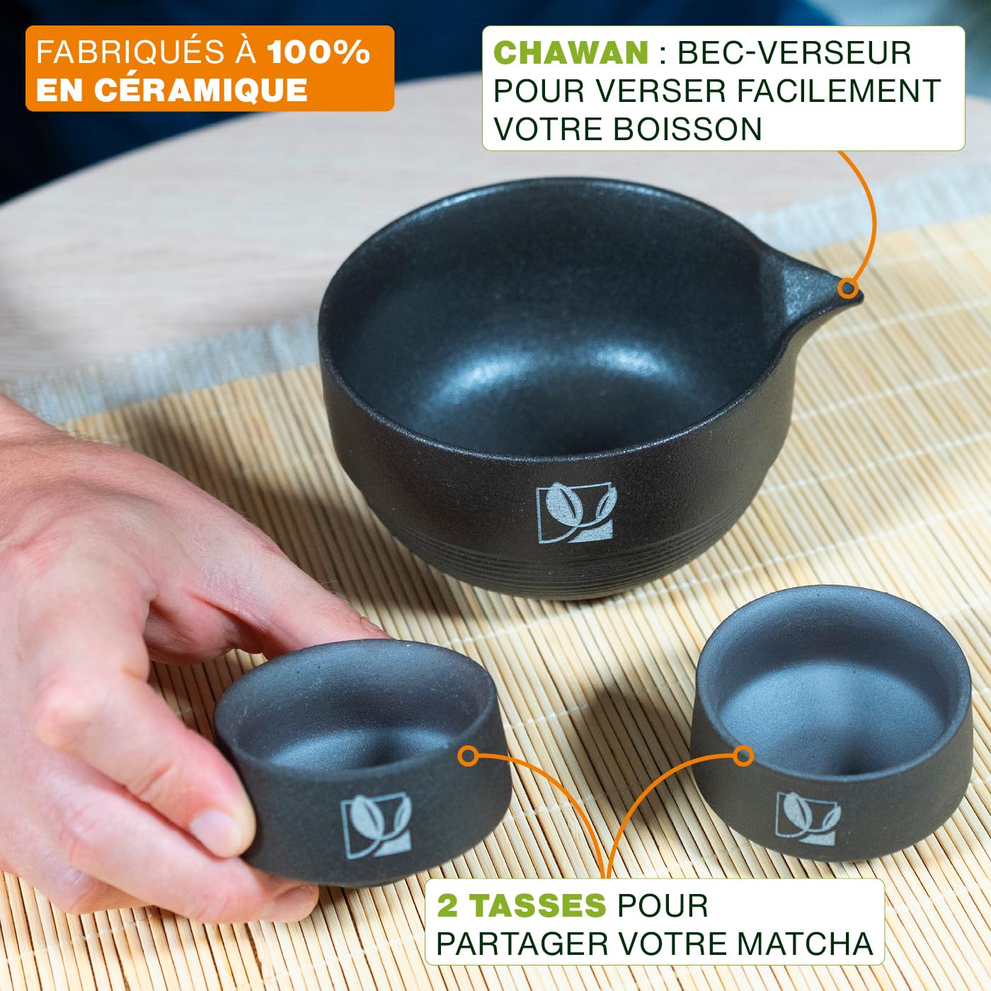 Kit Matcha | Complet, 9 accessoires | Bol, Tasses, Tamis, Fouet en bambou, Support fouet, Cuillère, Support cuillère, Serviette | Coffret cadeau, tradition Japonaise | Qualité Supérieure