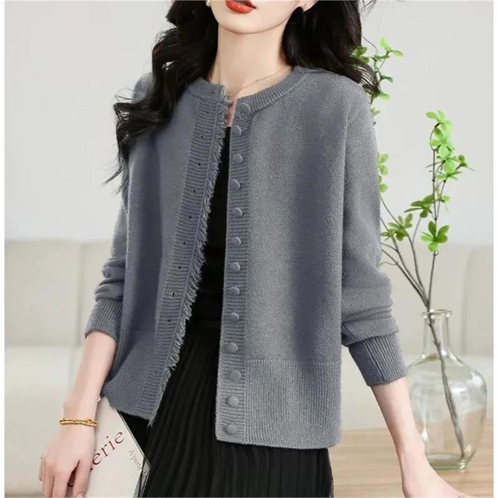 Suéteres tipo cárdigan para mujer, con borlas, cuello redondo, botones, holgados, de punto, para otoño e invierno, chaquetas casuales de manga larga