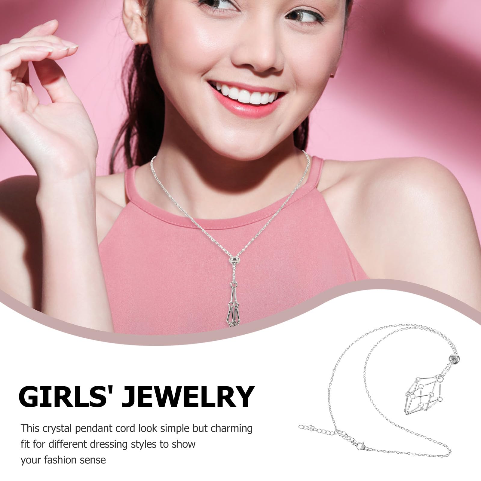 Colgante Jaula de Cristal Ajustable Cordón Trenzado Metálico Blanco Platino para Mujer, Soporte para Cuarzos Naturales y Piedras, Uso Diario y Joyería DIY