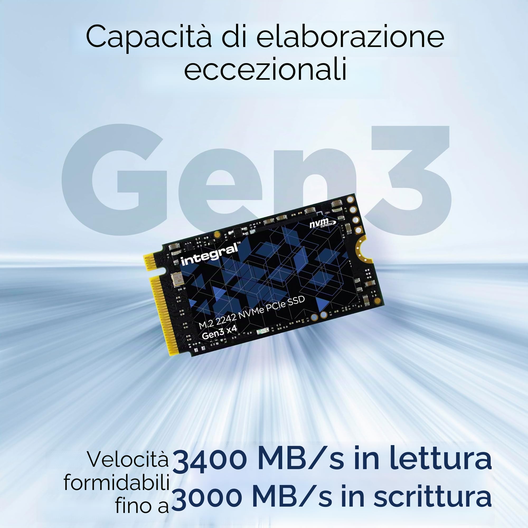 Integral SSD M.2 NVMe 2242 PCIe Gen3 x4 da 256 GB - Velocità di lettura fino a 2400 MB/s, velocità di scrittura fino a 1100 MB/s - Unità a stato solido interna. Compatibile con PC, NUC, laptop e