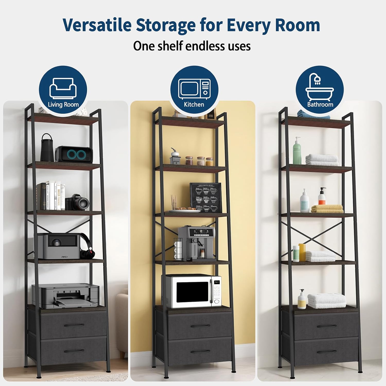 Whitmor 5-Tier Ladder Bookshelf with 2 Drawers, Narrow Modern Display Bookcase with Wood Shelves & Metal Frame, Freestanding Storage Rack for Living Room, Bedroom, Bathroom, Home Office, Black