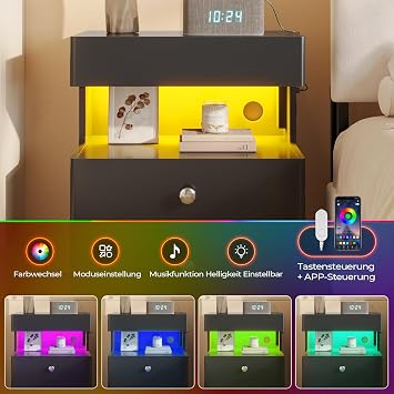 AOGLLATI Bedside Table with Secret Compartment Bedside Table with Socket and LED Lighting Side Table with 2 Drawers 1 Pull-Out Shelf 1 Compartment High-Gloss Surface (1 Black 40 x 35 x 59 cm)