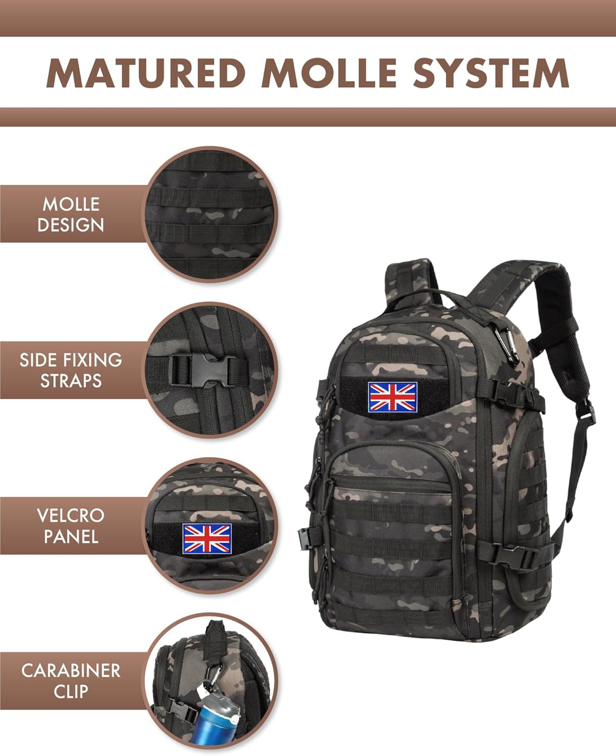 TRAILKICKER Taktischer Laptop-Rucksack, 35 l, Militär, Molle-Armee, Assault Pack, 3 Tage Bug-Out-Tasche, Wandern, Treeking, Camouflage, Jagd-Rucksack für Herren, mit Flagge des Vereinigten Königreichs