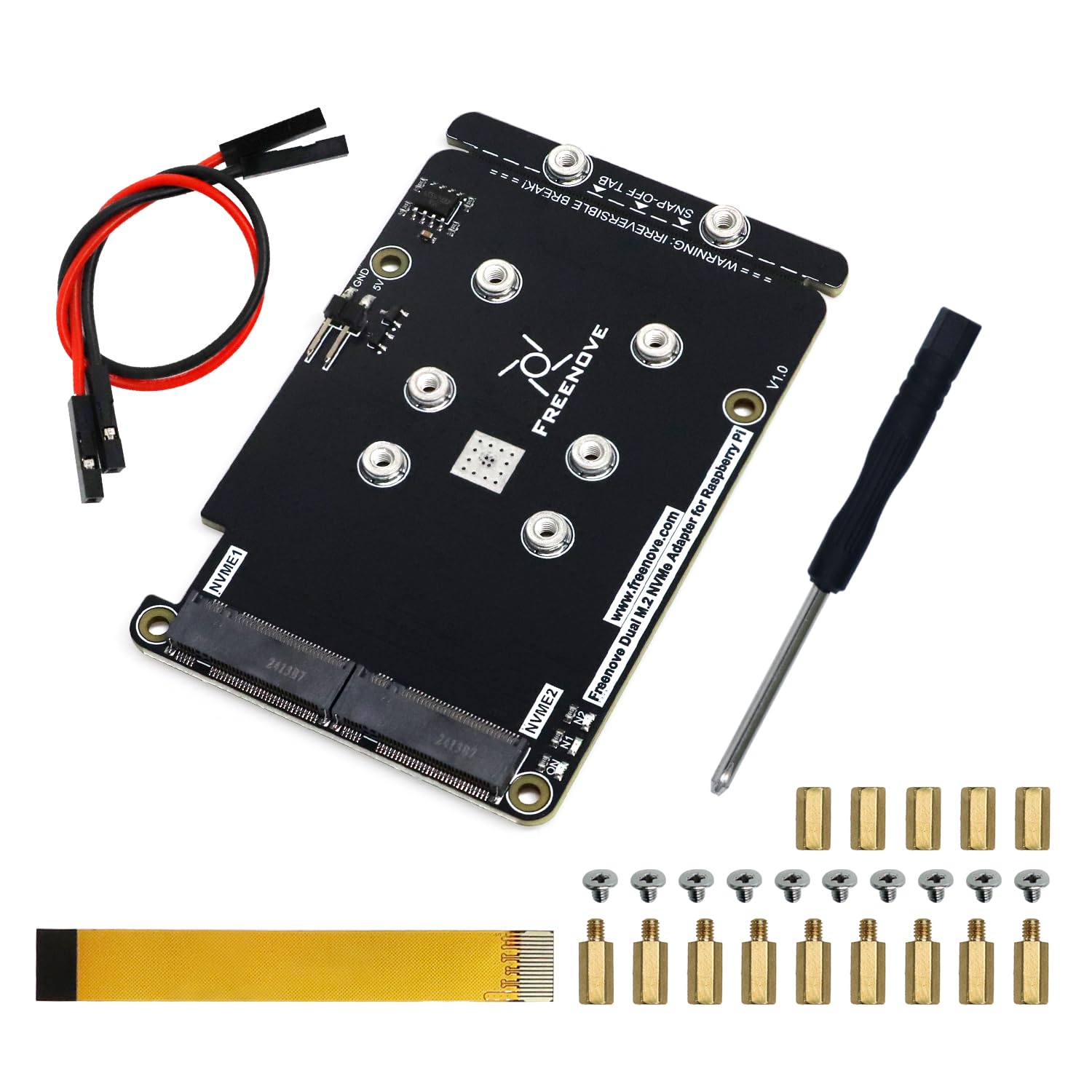 Freenove Dual M.2 NVMe SSD HAT for Raspberry Pi 5, M.2 Adapter AI HAT 2 Slots NAS RAID Kit, Solid State Drive Size 2230 2242 2260 2280, PCIe 2.0 Max Speed 500 MB/s, Detailed Tutorial