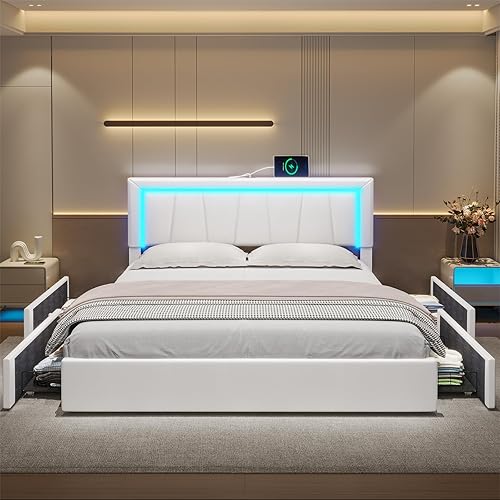 Miniatura 7 de Hasuit Base de cama California King con 4 cajones de almacenamiento debajo, plataforma tapizada tamaño Cal King con cabecera de cuero artificial,