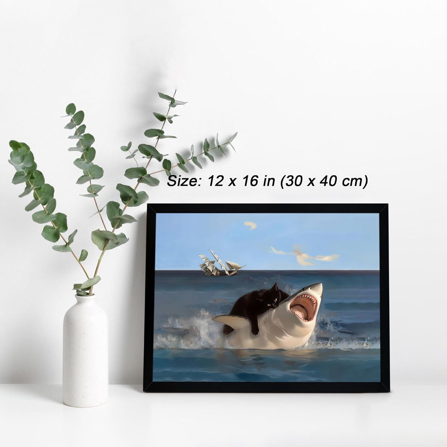 ICHZUMW Funny Black Cat Biting Shark Canvas Wall Art Framed, Quirky Cat Riding Portrait Picture Print, Humorous Unique Whimsical Animal Painting Wall Decor, Bathroom Living Room Bedroom, 12x16in