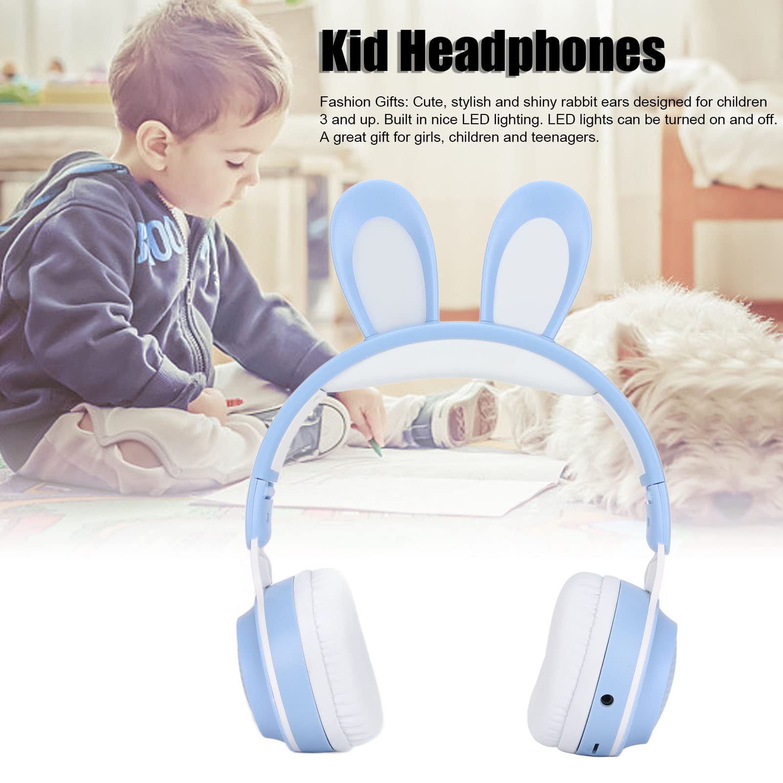 ASHATA Auriculares Bluetooth 5.0 Plegables con Micrófono Cute Rabbit Ear Auriculares Inalámbricos sobre la Oreja para Niños Verdes Adolescentes Adultos, 12 Horas de Tiempo de Escucha, TF/Aux, 7(Azul)