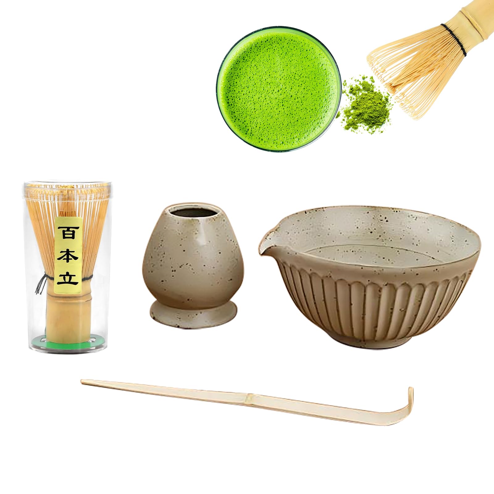 Juego Matcha 4 Piezas con Batidor de Bambú Japonés - Kit Iniciación Ceremonia Té Incluye Cuchara y Sostenedor Cerámico para Preparar Matcha(Color:b)