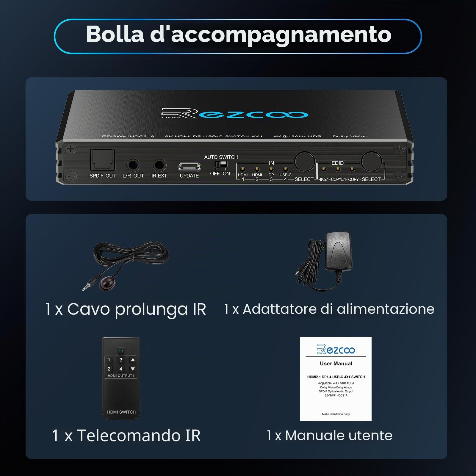 4K @ 120Hz HDMI 2.1 Switch 4x1 USB C DP1.4 4 porte Switcher con estrattore audio (ottico e 3,5 mm out) VRR ALLM HDCP 2.3 HDR Dolby Vision/Atmos Audio ottico per PS5, Xbox, giochi, telecomando IR
