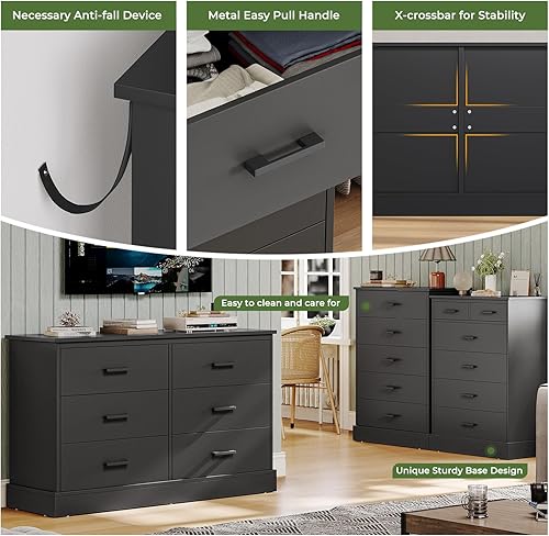 Miniatura 7 de Hasuit Cómoda doble negra de 6 cajones para dormitorio, torre de almacenamiento de madera, cómoda ancha de 6 cajones, armario de almacenamiento