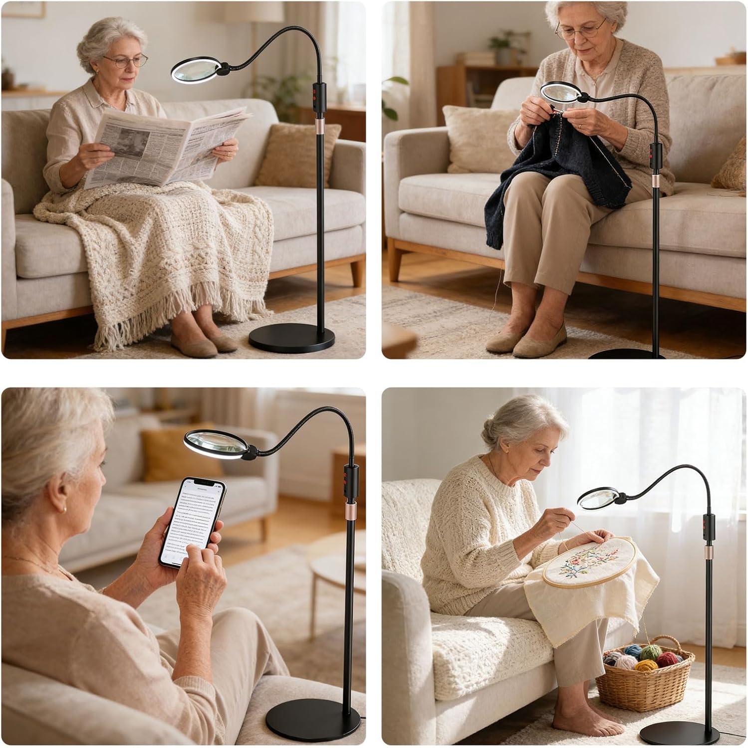 10X Floor Magnifying Glass with Light and Stand,360° Flexible Gooseneck Floor Magnifying Lamp,3 Light Modes,Height Adjustable,Hands Free Magnifier for Reading,Close Work,Craft,Sewing for Seniors