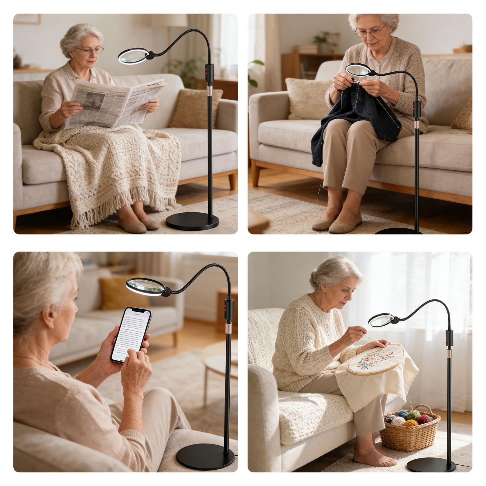 Lupa de suelo de 10 aumentos con luz y soporte, lámpara de lupa de suelo flexible de cuello de cisne de 360°, 3 modos de luz, altura ajustable, lupa manos libres para leer, trabajos cercanos