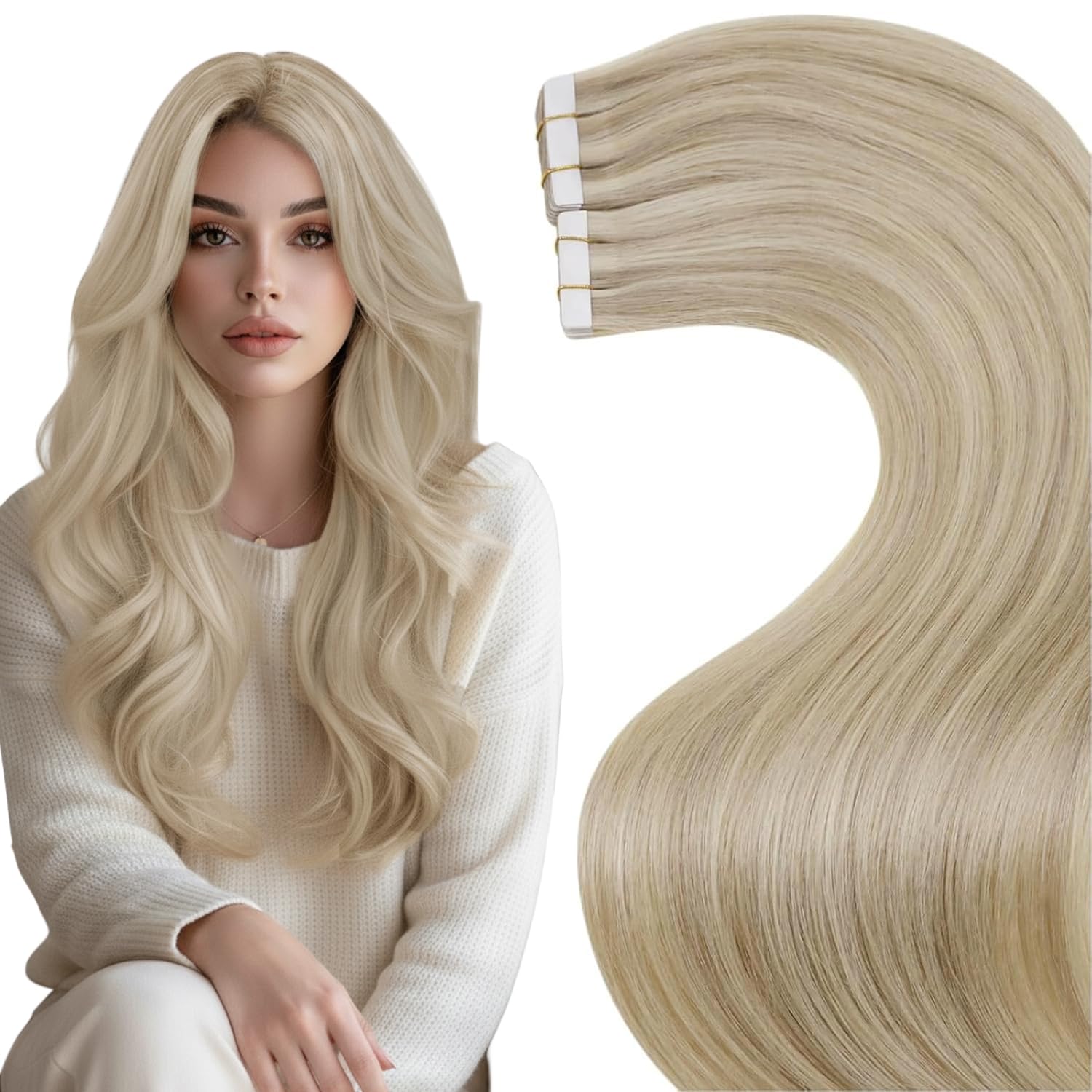 LaaVoo Tape in Extensions Human Hair Seamless Hair Extensions Tape in Dark Ash Blonde Highlighted with Light Blonde 18 Inch 20pcs 50g