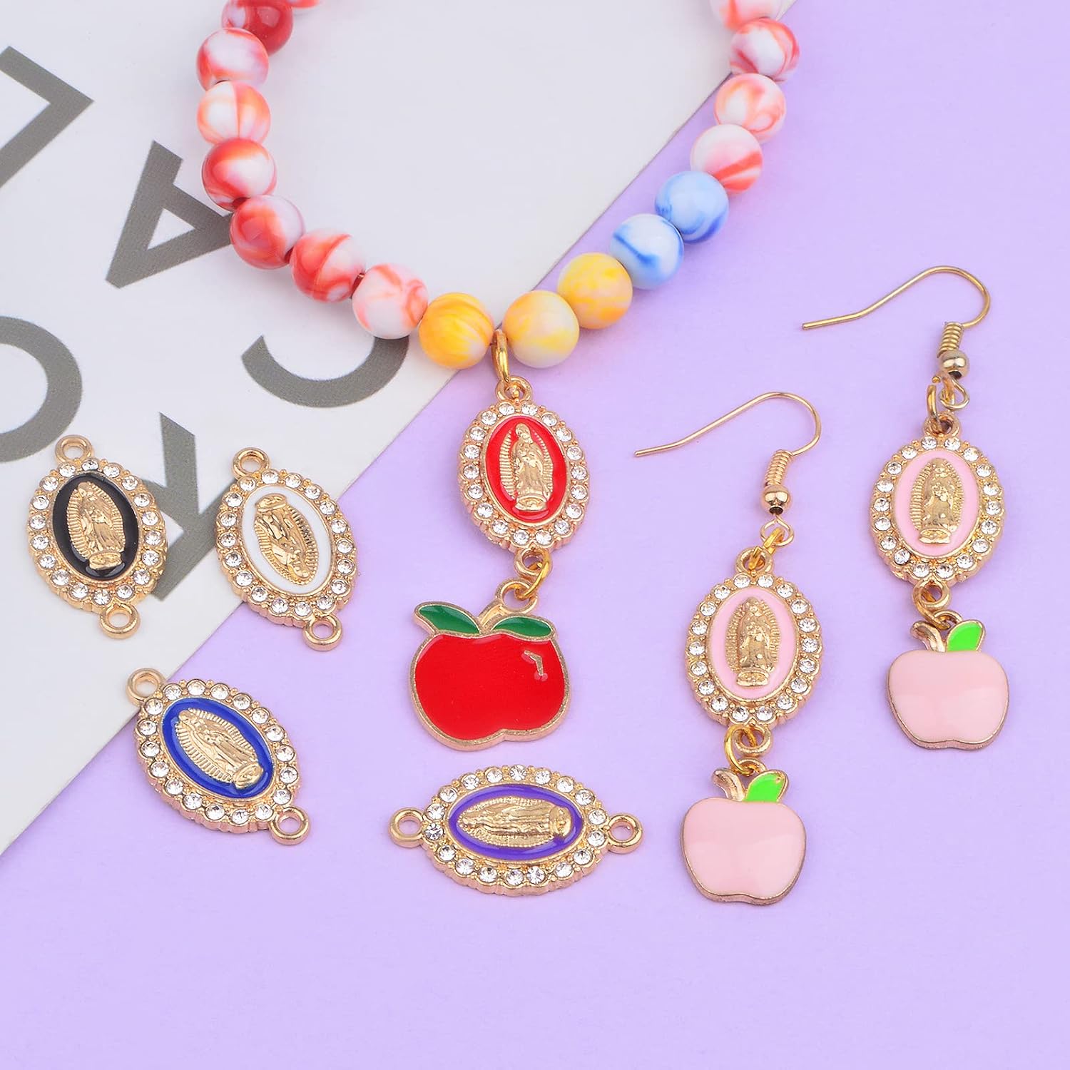 30pcs Alloy Enamel Virgin Mary Charms Links Rhinestones Our Lady Miraculous Medal Charms Crucifix Connection Bracelet Pendant for DIY Necklace Jewelry Making, 6 Colors - Image 7