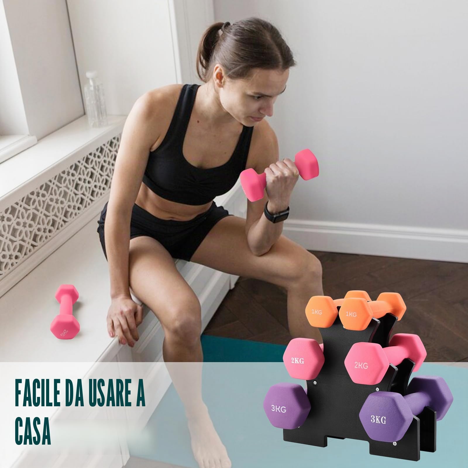 TEENO Manubrio in neoprene 9/12kg con supporto – Set di 6 manubri per allenamento per donne e uomini, antiscivolo, fitness a casa, allenamento braccia spalle
