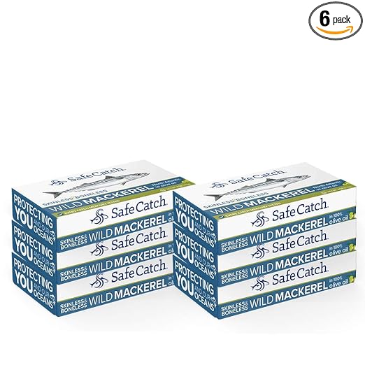 Safe Catch Canned Mackerel Fish in Pure Olive Oil, Mercury Tested, Wild Caught North Atlantic Mackerel Fillets Skinless & Boneless, 4oz Cans (Pack of 6)