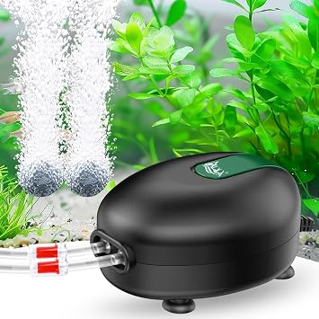 AQQA Aquarium Air Pump Whisper Oxygen Aerator Powerful Fish Tank Air Pump Dual Outlets Adjustable Airflow Bubblers with Air Stone Tubes Check Valves 8W for Up to 160Gal Tank