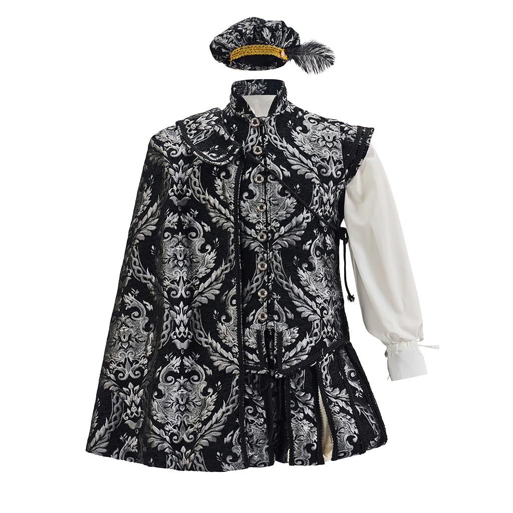 Willyacos Men's Tudor Elizabethan Period Costume Royal Pince Tudor King Costume Nobleman Costume Vest Pants Hat Cape
