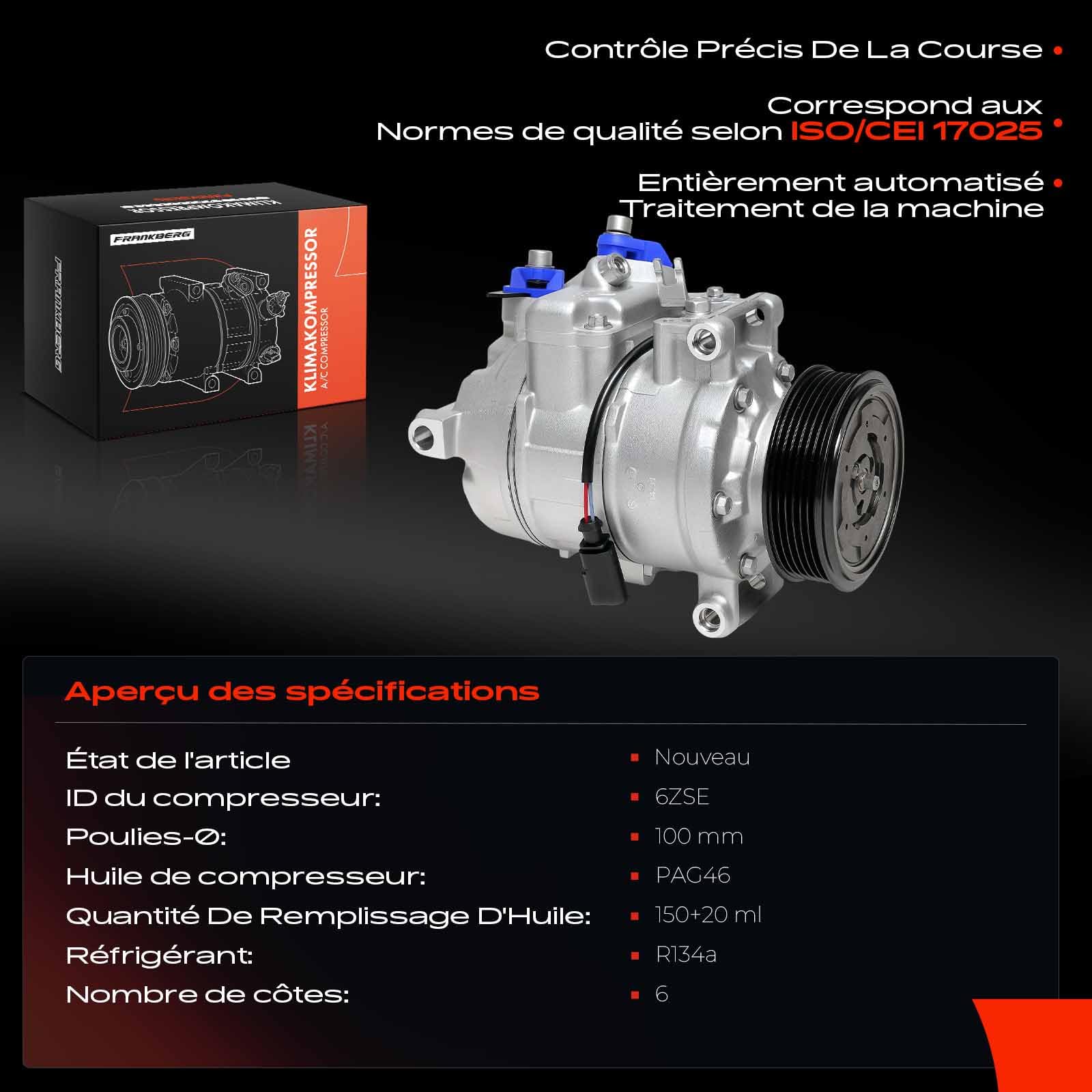 Frankberg Compresseur de climatisation avec embrayage 8E0260805BA | Compatible avec: A4 8EC, A4 Cabriolet 8H7, A4 Avant 8ED, A6 Allroad 4FH, A4 8E2, A4 Cabriolet 8HE, A6 Avant 4F5