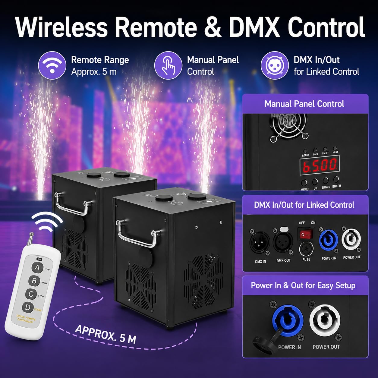 Pyrotechnikmaschine 2er Set mit Flightcase, 750W Kaltfeuerwerk Funkenmaschine DMX512 & Fernbedienung, Höhenverstellbare Bühnenmaschine für Hochzeit Party DJ Konzert, Schwarz