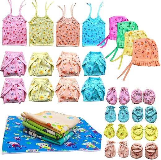 Bigbought New Born Baby Care Cloth Set Combo (Set of 28, 4Jhabla, 8Nappy, 8Mittens,4Cap Hosiery Material and 4 Plastic ma...