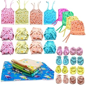 New Born Baby Care Cloth Set Combo (Set of 28, 4Jhabla, 8Nappy, 8Mittens,4Cap Hosiery Material and 4 Plastic mat, Random Print