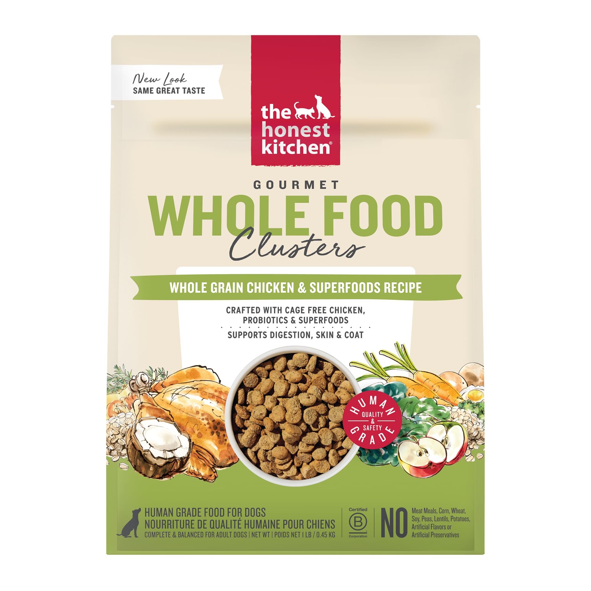The Honest Kitchen Human Grade Whole Food Clusters Whole Grain Chicken & Oat Dry Dog Food - Complete & Balanced Meal or Topper - 1 lb Bag