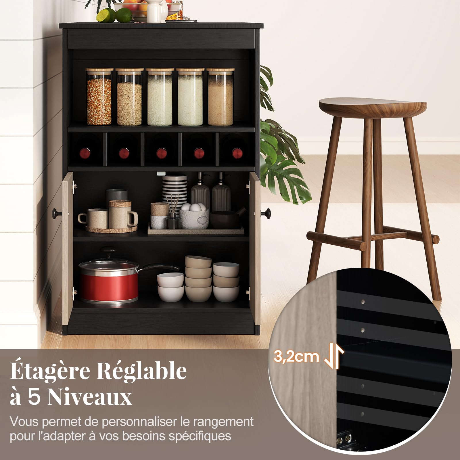 GIANTEX Table de Bar avec Rangement Latéral, Table Haute Cuisine, Casier à Vin, Compartiments Ouverts, Armoire Fermée avec Étagère Réglable, Mange Debout Cuisine pour Petits Espaces